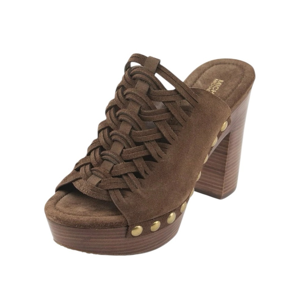 MICHAEL KORS WESTLEY ACORN BROWN SUEDE STACKED WOOD PLATFORM MULE HEELS